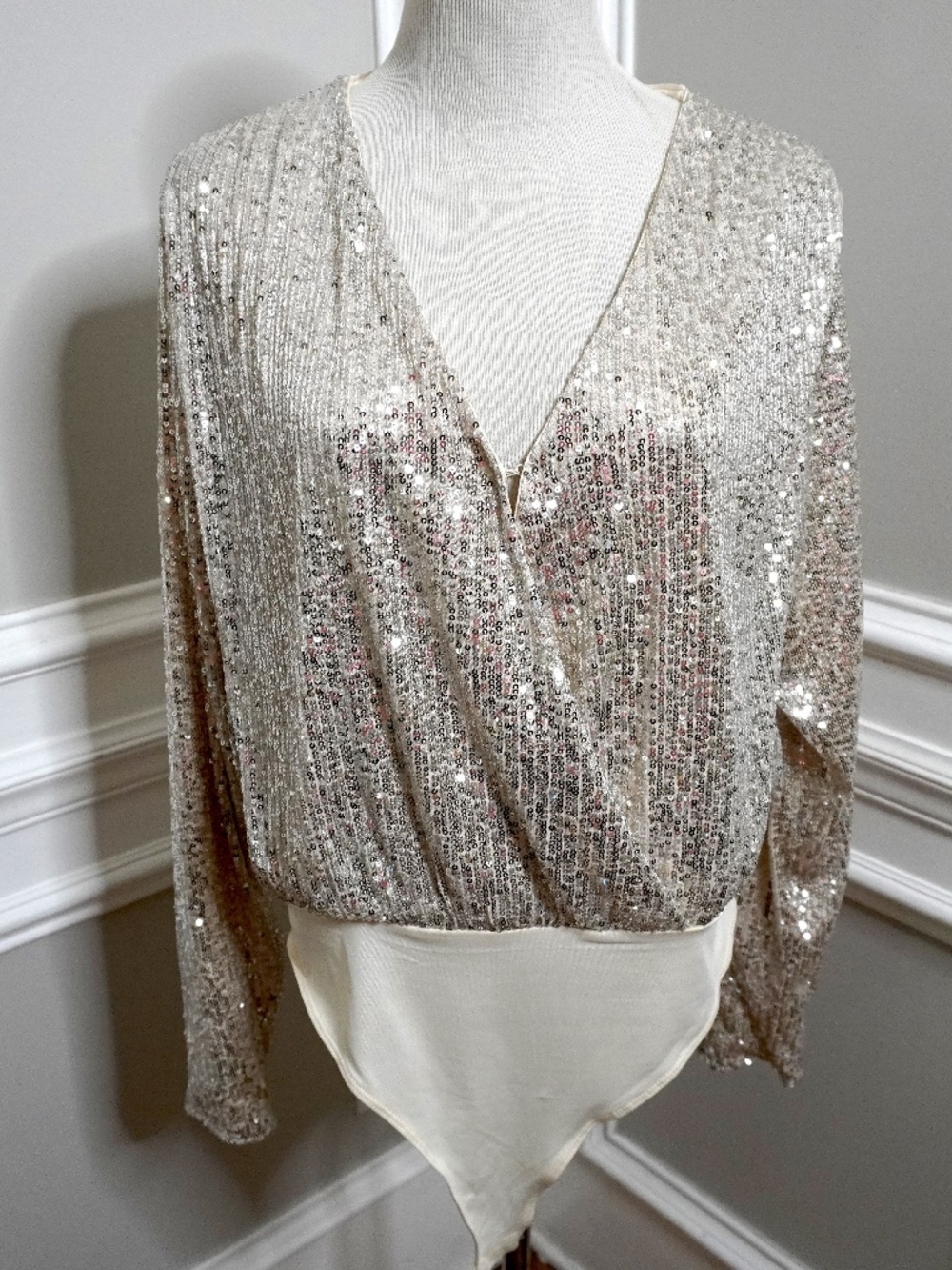 H&M SEQUINED THONG BODYSUIT Wrap Style Blouse in a Champagne Color, Size L